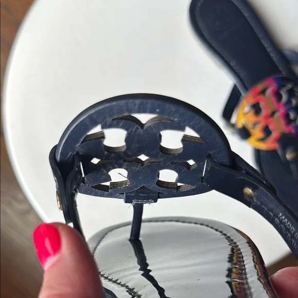 Tory Burch Navy Miller Sandals Multicolor  Logo Size 8.5 - Picture 8 of 13